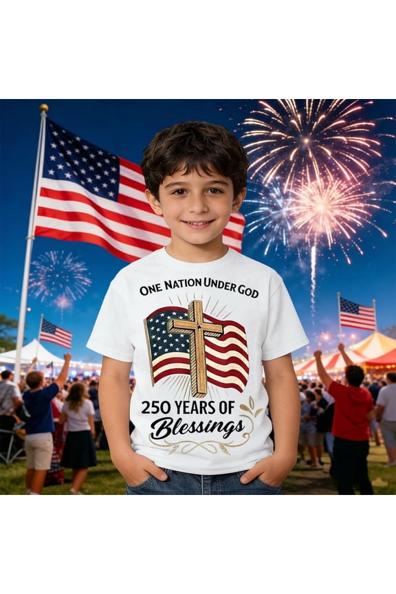 Boys Patriotic Graphic T-Shirt, One Nation Under God 250 Years of Blessings Print Tee for Fourth of July Celebration, Kids Youth Casual Short Sleeve Top Ages 1-13Y