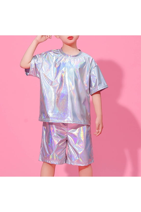 Boys Performance Costumes Metallic Sequin Short Sleeve Tops Shorts Sets Silver 3-4Years