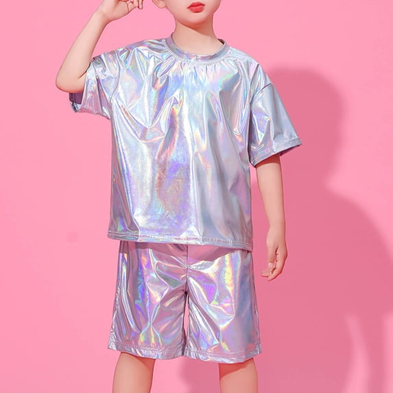 Boys Performance Costumes Metallic Sequin Short Sleeve Tops Shorts Sets Silver 6-7 Years