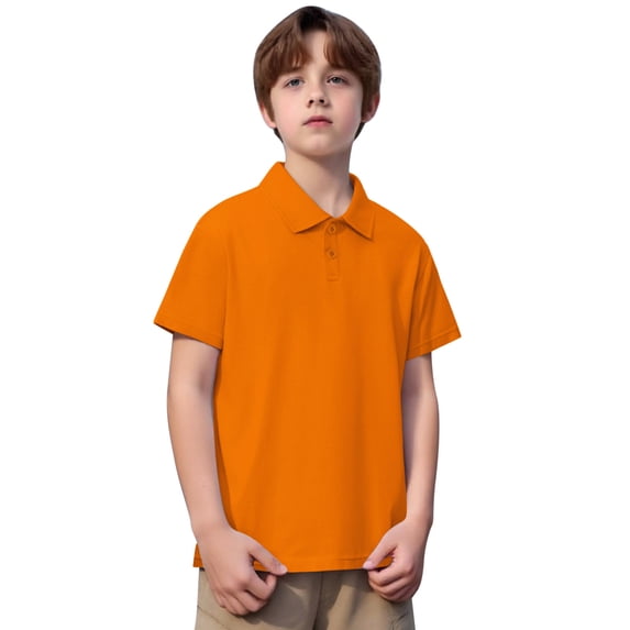 Boys Performance Polo Basic Breathable Solid Color Button Closure Shirt for Boy Summer Outdoor Clothes Orange 10-11 Years