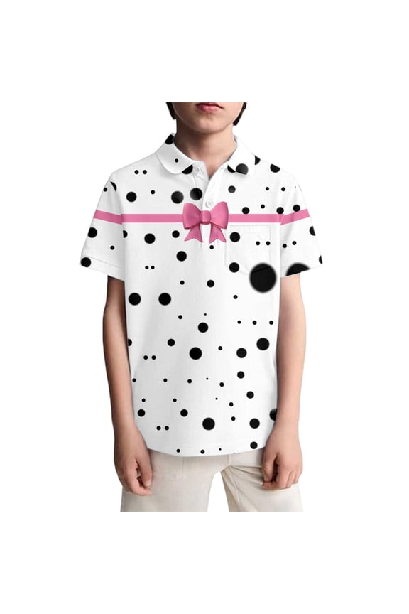 Boys Performance Polo Shirt Polka Dots White Print Short Sleeve Golf Clothes For Active Casual White 5 Y-6 Y