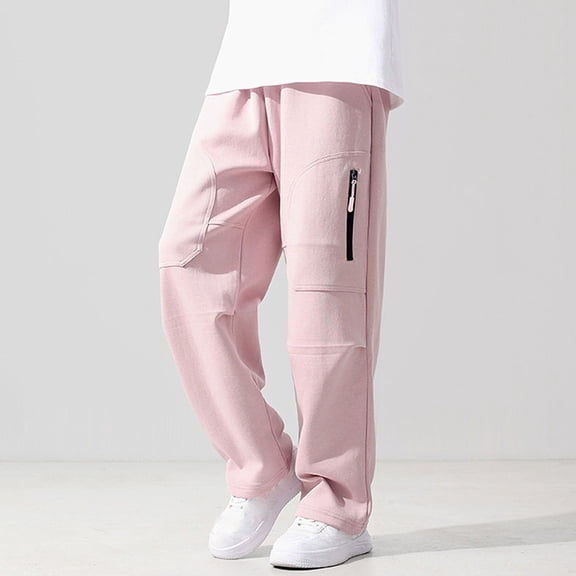 Boys' Pink Cotton Pants - Soft Breathable, Elastic Waist with Zipper Pockets, Casual Street Style Loose Fit Everyday Wear for Kids 4-13 Years,Size 10-11 T