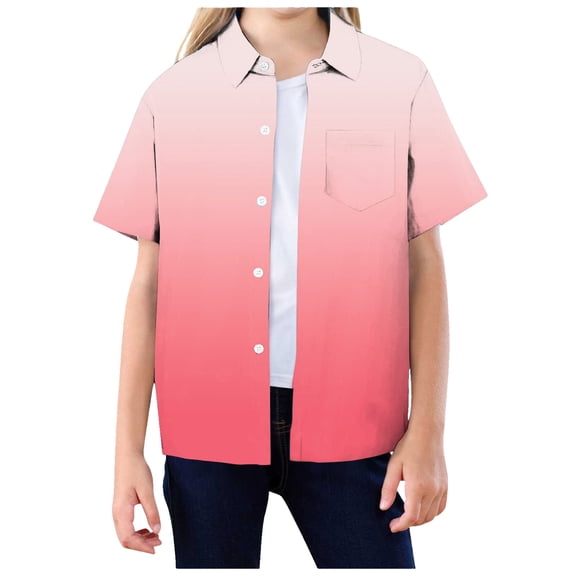 Boys Pink Dress Shirt And Tie Boys Button Down Shirt 100% Cotton Short Sleeve Shirt Solid Summer Beach Shirts with Pocket Size 4-14 Years