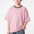 thumbnail image 1 of Boys Pink Striped Cotton Crew Neck T-Shirt Oversized Loose Fit Short Sleeve Summer Casual School Preppy Top for Kids,Size 14-15 T, 1 of 5