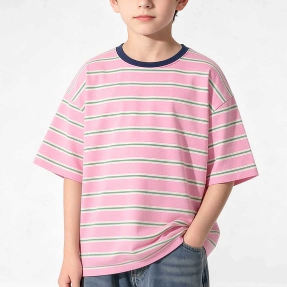 Boys Pink Striped Cotton Crew Neck T-Shirt Oversized Loose Fit Short Sleeve Summer Casual School Preppy Top for Kids,Size 14-15 T