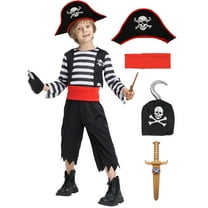 Boys Pirate Costume, Sea Buccaneer Top Shorts Belt Accessories Set for Kids Halloween 3-4 Years
