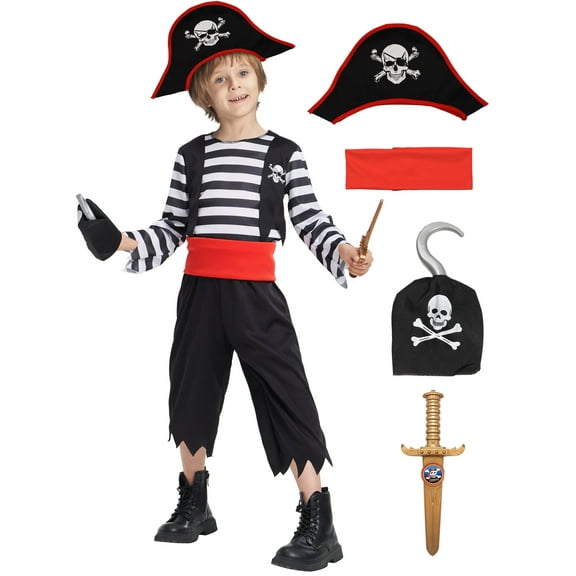 Boys Pirate Costume, Sea Buccaneer Top Shorts Belt Accessories Set for Kids Halloween 7-8 Years
