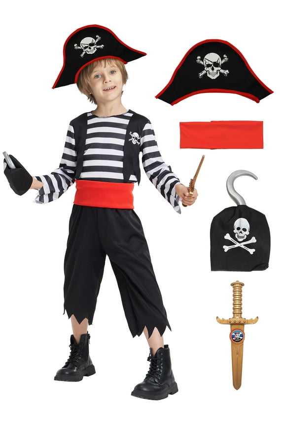Boys Pirate Costume, Sea Buccaneer Top Shorts Belt Accessories Set for Kids Halloween 7-8 Years