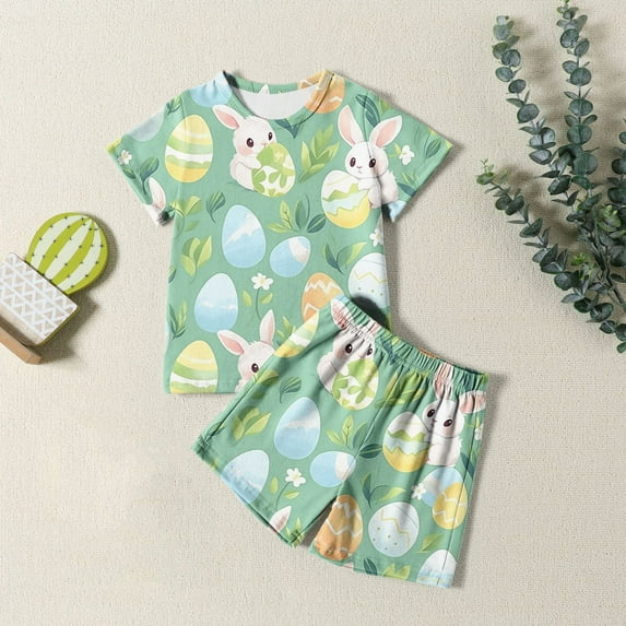Boys Pjs Easter Pajamas Toddler Boy Cute Bunny Printed Short Sleeve Top and Short Pants 2 Pieces Girls Summer Pajamas for Boys 2-3 Years