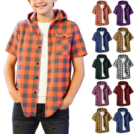 Boys Plaid Button Down Shirt Short Sleeve Casual Hooded Shirt Lightweight Breathable Kids Checkered Top with Pocket Back to School