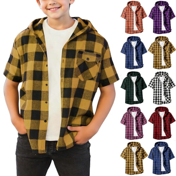 Boys Plaid Button Down Shirt Short Sleeve Casual Hooded Shirt Lightweight Breathable Kids Checkered Top with Pocket Back to School
