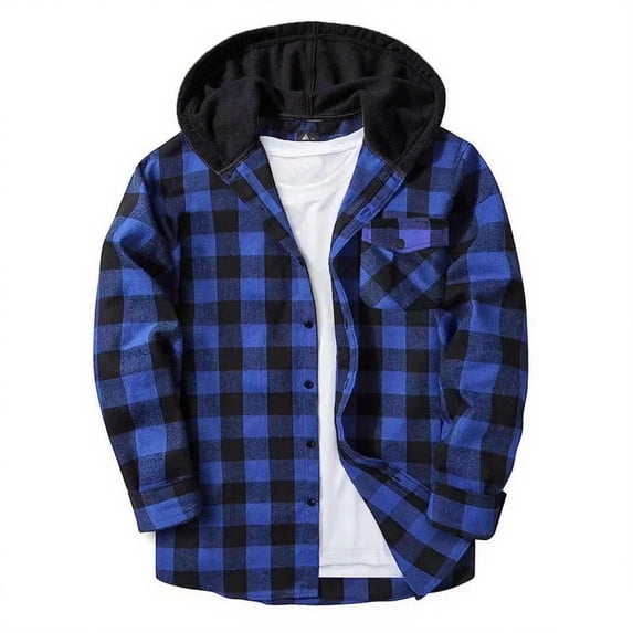 Boys Plaid Button Down Shirt Soft Hooded Flannel Shacket Jacket Kids Long Sleeve Fall Spring Christmas Clothes (11 Years, Blue)