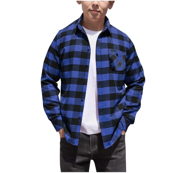 Boys Plaid Button Down Shirt Soft Hooded Flannel Shacket Jacket Kids Long Sleeve Fall Spring Christmas Clothes (5 Years, Blue|Lapel)
