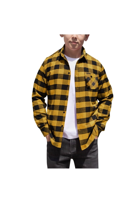 Boys Plaid Button Down Shirt Soft Hooded Flannel Shacket Jacket Kids Long Sleeve Fall Spring Christmas Clothes (5 Years, Yellow|Lapel)