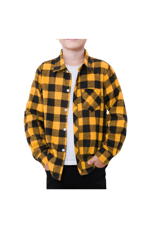 Boys Plaid Flannel Shirts Long Sleeve Classic Collared Button Down Pocket Shirts Fall Tops, Kids Aged 3-9, for School Travel Family Outdoor Play