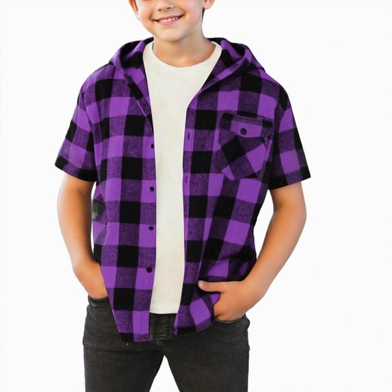 Boys Plaid Hoodie Shirts Short Sleeve Button Down Flannel Shirt Jacket Summer Hooded T Shirts Tops For Kids,Hooded Flannel Shirt 10-11 Years