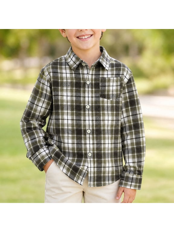 Boys Plaid Long Sleeve Button Down Shirt - Kids Casual Flannel Top with Pocket Black,Size 6 T