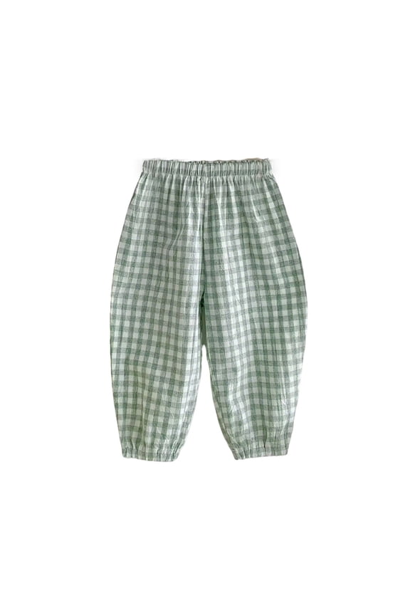 Boys Plaid Pants Lightweight Linen Blend Trousers Elastic Ankles Toddler Kids Outdoor Play Clothes