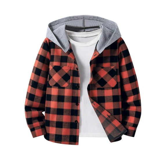 Boys Plaid Shacket Loose Cute Comfy Button Long Sleeve Hooded Shirt Jacket Kids Casual Lightweight Fall Outwear 6-14 Years