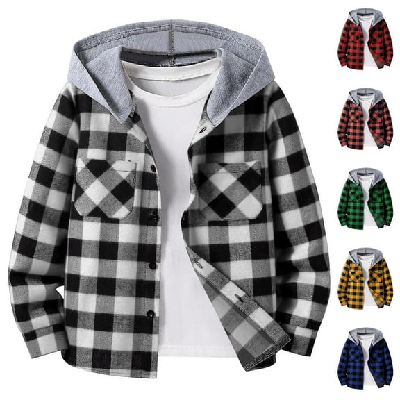 Boys Plaid Shacket Loose Cute Comfy Button Long Sleeve Hooded Shirt Jacket Kids Casual Lightweight Fall Outwear 6-14 Years
