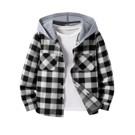 Boys Plaid Shacket Loose Cute Comfy Button Long Sleeve Hooded Shirt Jacket Kids Casual Lightweight Fall Outwear 6-14 Years