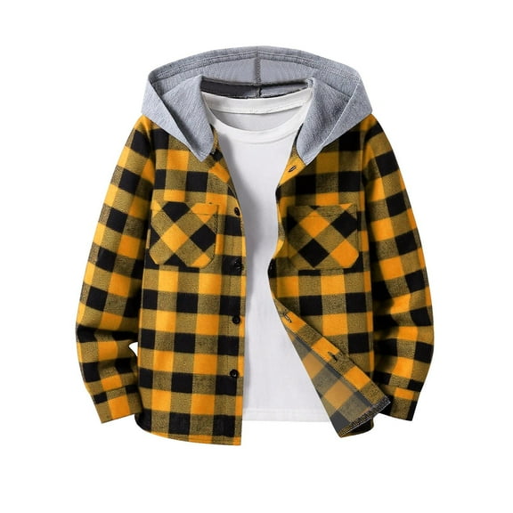 Boys Plaid Shacket Loose Cute Comfy Button Long Sleeve Hooded Shirt Jacket Kids Casual Lightweight Fall Outwear 6-14 Years