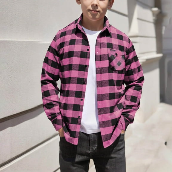 Boys Plaid Shirt Children Long Sleeve Basic Button Flannel Shirts, Fall School Fashion Jackets 10-11Y