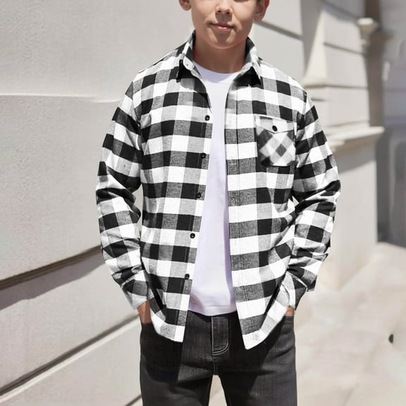 Boys Plaid Shirt Children Long Sleeve Basic Button Flannel Shirts, Fall School Fashion Jackets Black 12-13Y