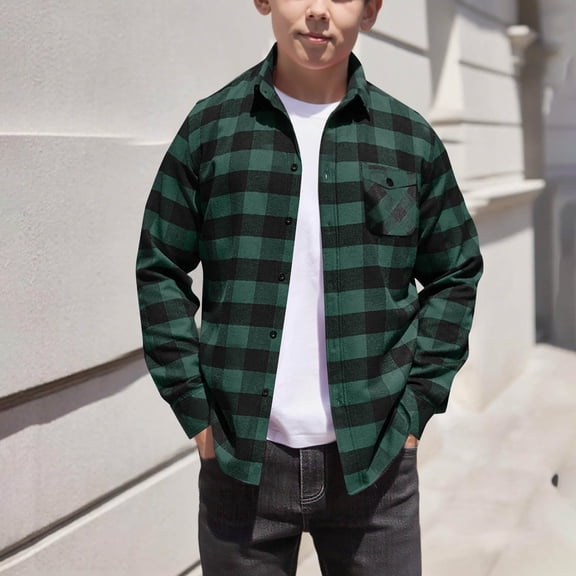 Boys Plaid Shirt Children Long Sleeve Basic Button Flannel Shirts, Fall School Fashion Jackets Green 12-13Y