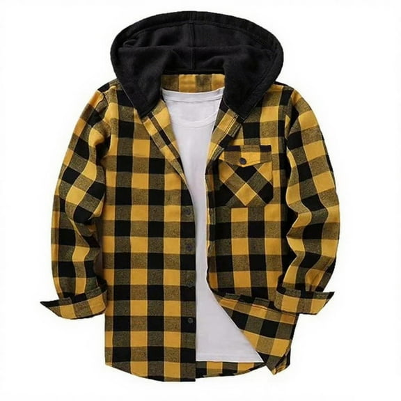 Boys Plaid Shirt Jacket Casual Loose Button Hooded Long Sleeve Shacket Kids Lightweight Fall Outwear With Pocket 5-16 Years