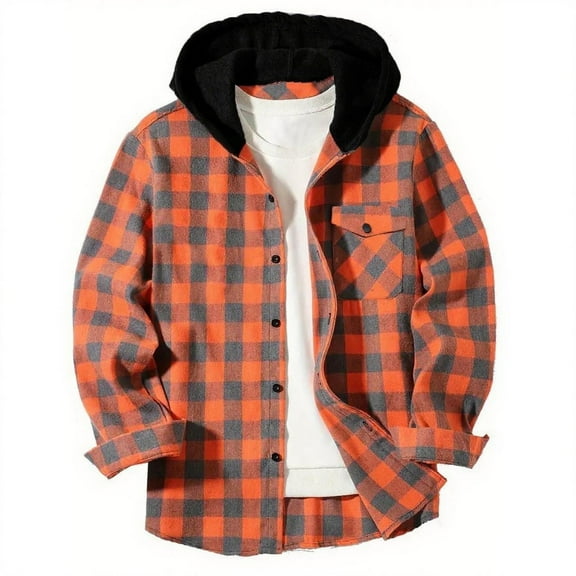 Boys Plaid Shirt Jacket Casual Loose Button Hooded Long Sleeve Shacket Kids Lightweight Fall Outwear With Pocket 5-16 Years