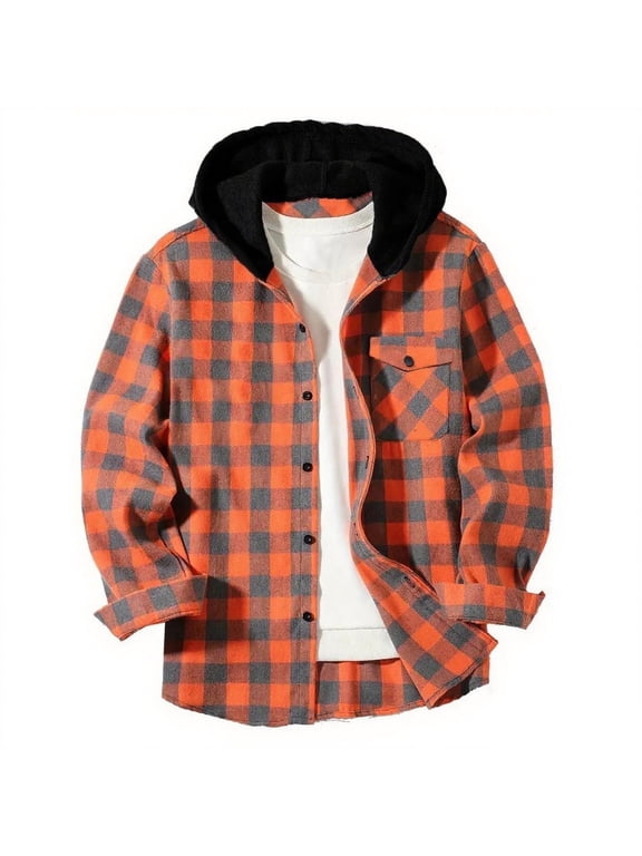 Boys Plaid Shirt Jacket Casual Loose Button Hooded Long Sleeve Shacket Kids Lightweight Fall Outwear With Pocket 5-16 Years