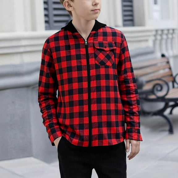 Boys Plaid Shirt Jacket Casual Loose Cute Button Shacket Kids Fall Lightweight Long Sleeve Outwear with Pocket 4-15 Years