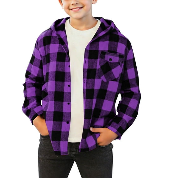 Boys Plaid Shirt Jackets Flannel Hoodie Shackets with Chest Pocket Long Sleeve Casual Button Down Kids Fall Outwear (8-9 Years, Purple)