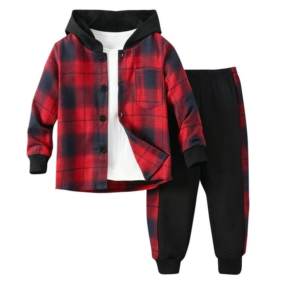 Boys Plaid Sweatsuit Set Casual Loose Long Sleeve Hooded Sweatshirt And Sweatpants Kids Comfy Lightweight Fall Tracksuit