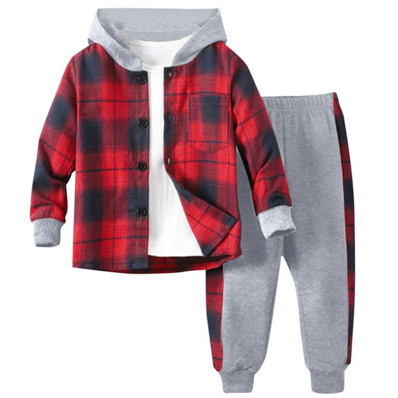 Boys Plaid Sweatsuit Set Casual Loose Long Sleeve Hooded Sweatshirt And Sweatpants Kids Comfy Lightweight Fall Tracksuit