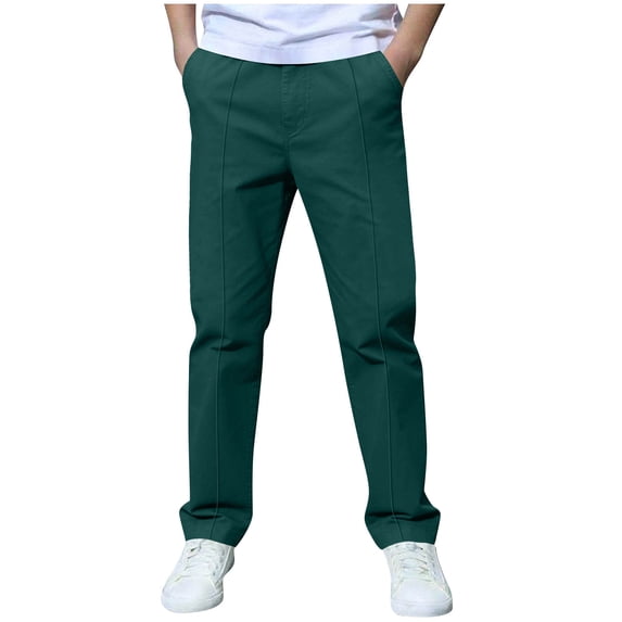 Boys Pleated Front Chino Pants Stretch Elastic Waist School Kids Twill Joggers School Uniform Size 120-170 Green