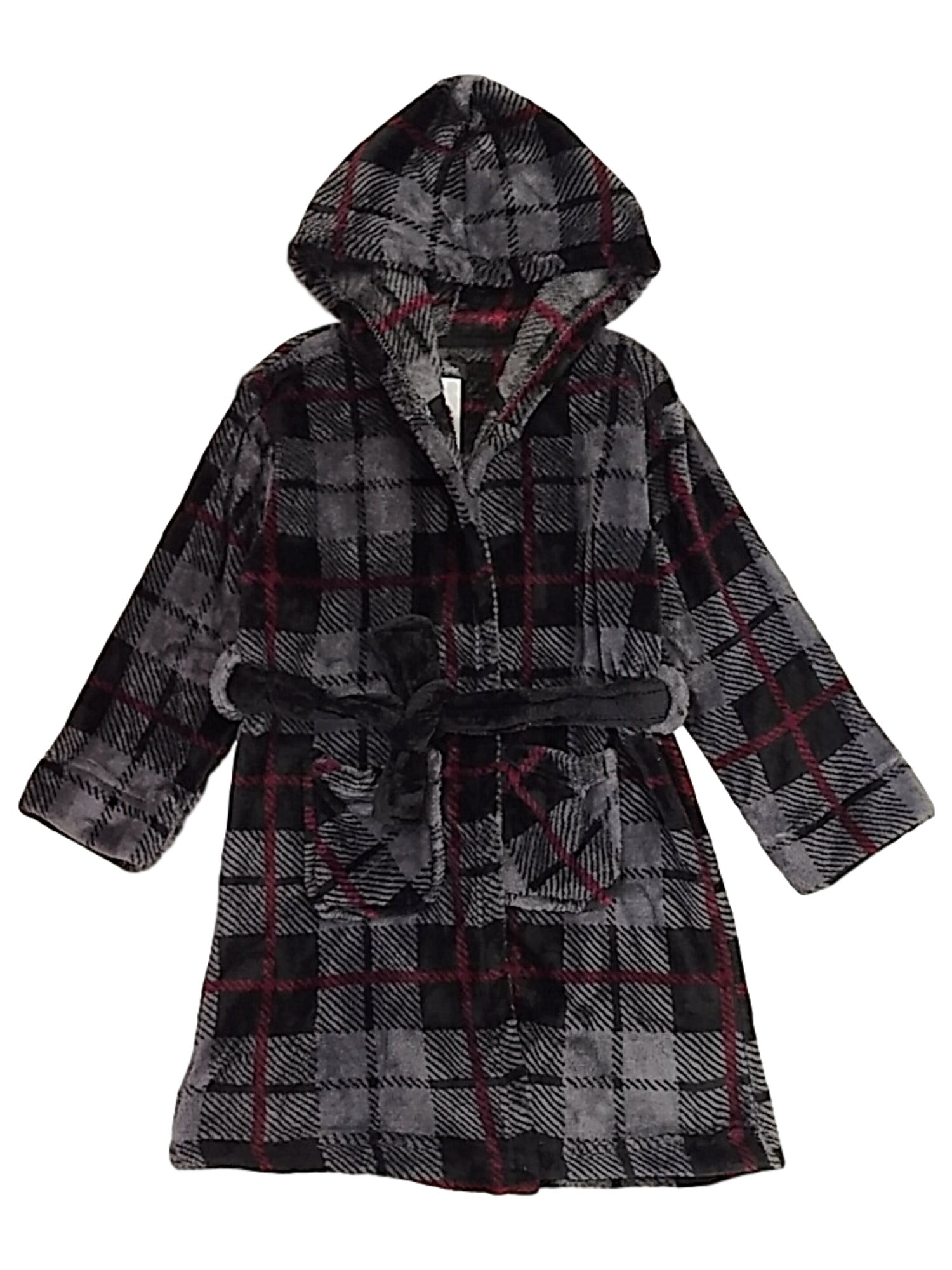 Boys Plush Black & Gray Plaid Hoodie Bathrobe Hooded House Coat Small 4-6