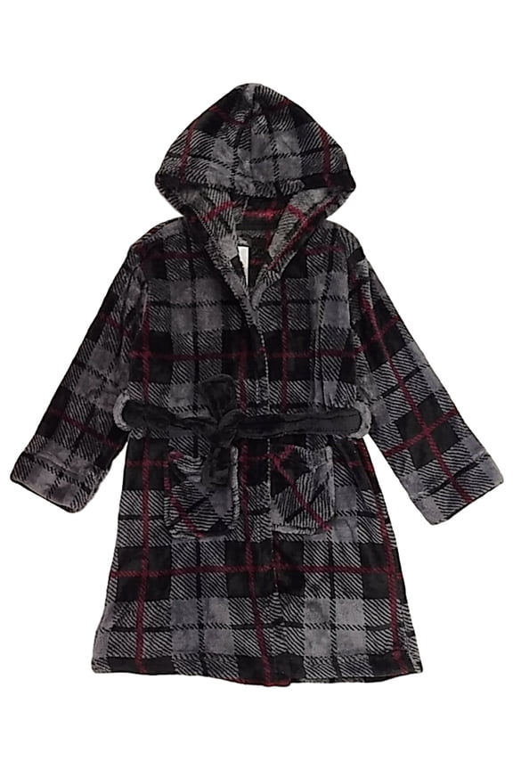 Boys Plush Black & Gray Plaid Hoodie Bathrobe Hooded House Coat Small 4-6