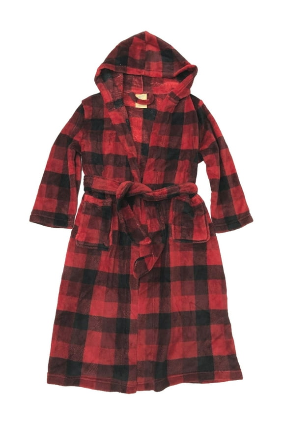 Boys Plush Red & Black Buffalo Plaid Bath Robe House Coat Small (8)