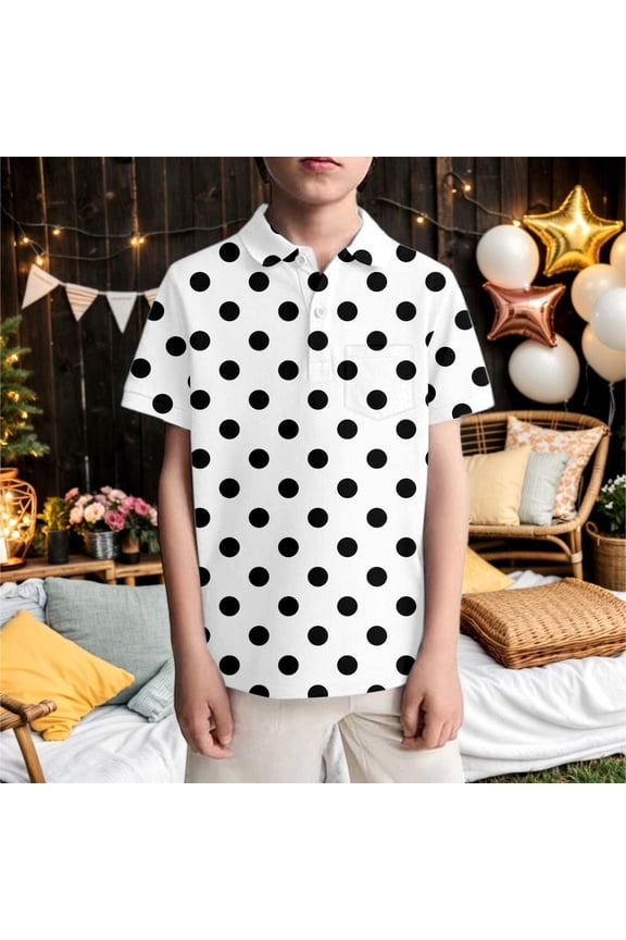 Boys' Polka Dot White Polo Shirt Short Sleeve Button Up V Neck Hawaiian Top White 3 Y-4 Y