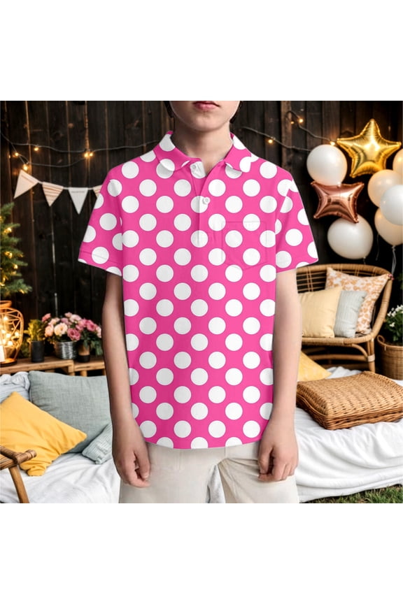 Boys Polka Dots Pink Print Polo Shirts Performance Short Sleeve Quick Dry Athletic Golf Casual Shirt Pink 3 Y-4 Y