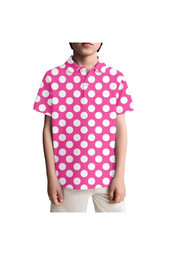 Boys Polka Dots Pink Print Polo Shirts Performance Short Sleeve Quick Dry Athletic Golf Casual Shirt Pink 5 Y-6 Y