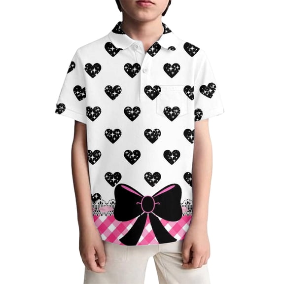 Boys' Polo Shirt Bow Polka Dot Pattern Short Sleeve Performance Button Down Golf Shirts For Boy White 13 Y-14 Y