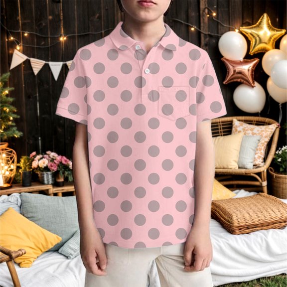 Boys Polo Shirt Golf Shirts Polka Dots Pink Short Sleeve Breathable School Uniform Kids Shirts Light Pink 3 Y-4 Y