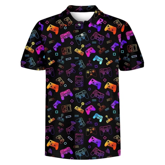 Lanbubble Boys Polo Shirt Neon Gaming Printed Collared Short Sleeve Casual Shirts Top