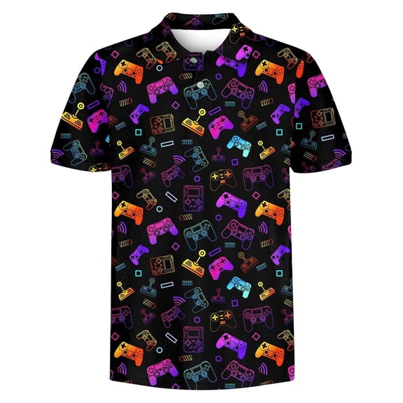 Lanbubble Boys Polo Shirt Neon Gaming Printed Collared Short Sleeve Casual Shirts Top