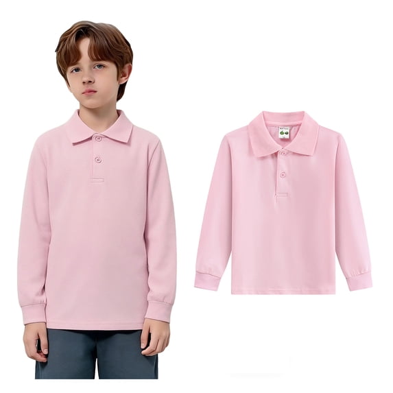 Boys' Polo Shirt Long Sleeve Boy Pink Button down Shirt Casual Tops Uniform Shirts for Boys Boy Clothes 10-11 Years