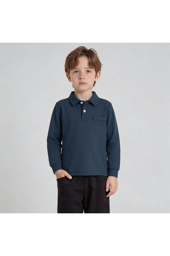 Boys' Polo Shirt Long Sleeve Boys Navy Button up Shirt Casual Collared Shirt Boys School Uniform Shirts Fashion Shirts 3-4 Years