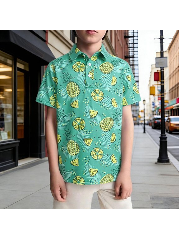 Boys Polo Shirt Pineapple Print Lapel Short Sleeve Top Summer Stylish Casual Kids Beach Shirts Size 5-6Y